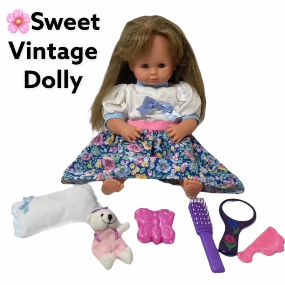 Vintage Doll Set Doll Accessories Case Doll Bundle Blue Pink White Floral Dress